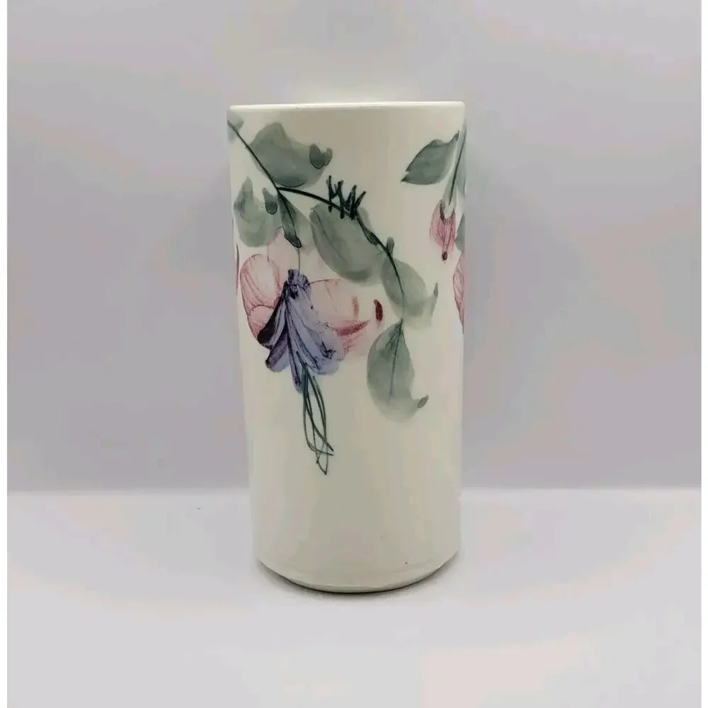 Linden Hills Pottery Signed Fuchsia Floral Cylindrical 6
